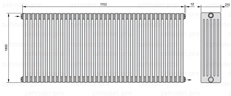 Схема (чертеж) Радиатор Zehnder Charleston 6180/37 №1670 Белый глянцевый RAL 9016
